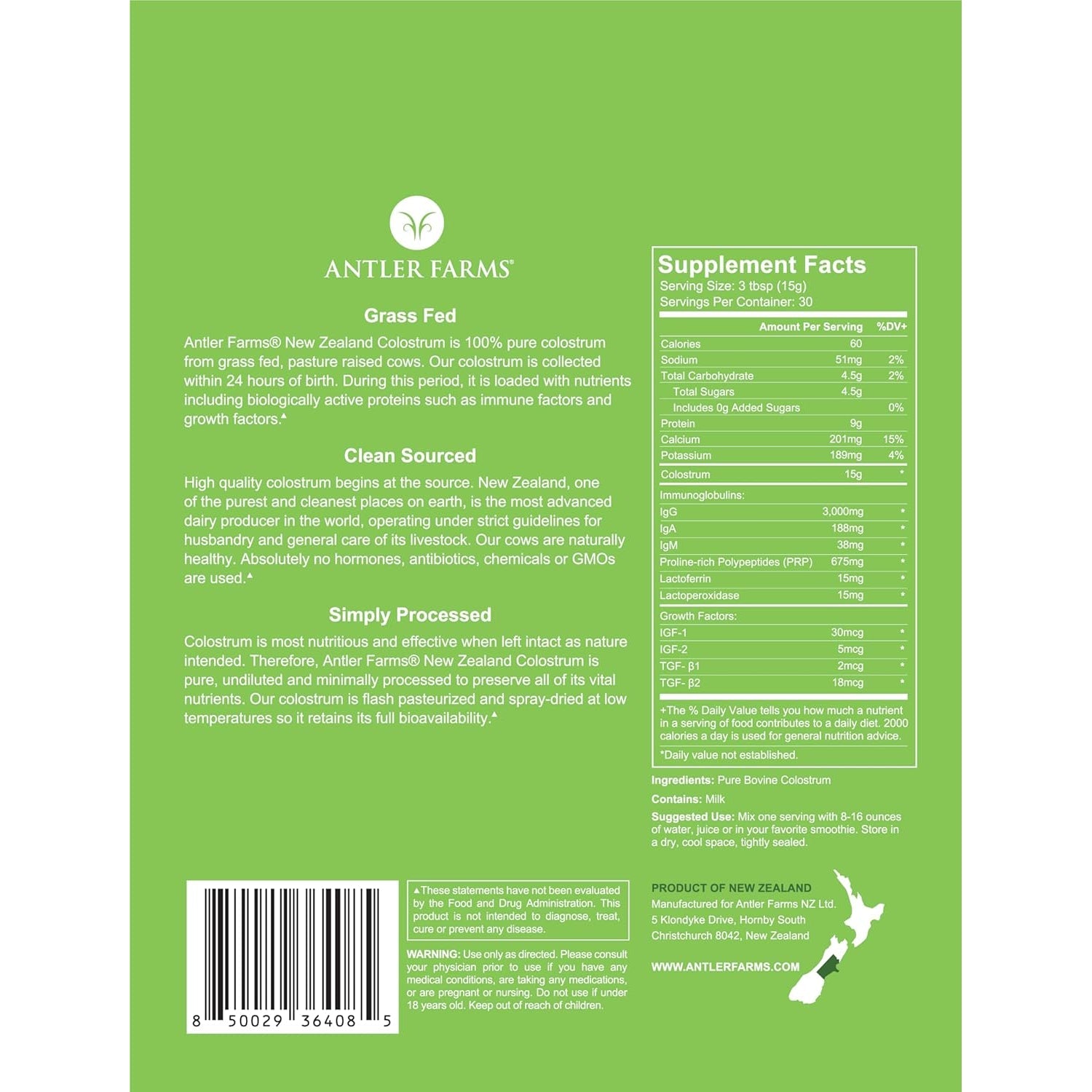 Antler Farms 100% Pure New Zealand Colostrum, 30 Servings, 1 Lb - Grass Fed, Pasture Raised, Clean Sourced, Cold Processed, Undiluted, High Igg Content