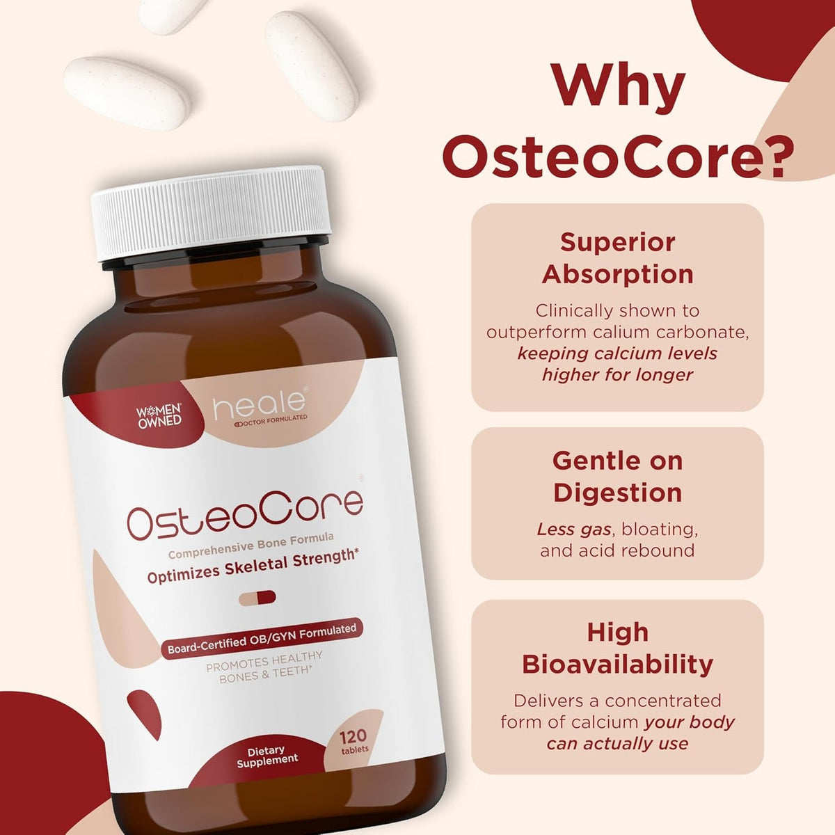 Osteocore - Calcium Supplements for Women (1 Month Supply) Osteoporosis & Bone Health - Calcium Absorption - Vitamin D3 & Vitamin K2 Complex - Gluten Free, Non GMO, Made in USA by Heale - 120 Tablets