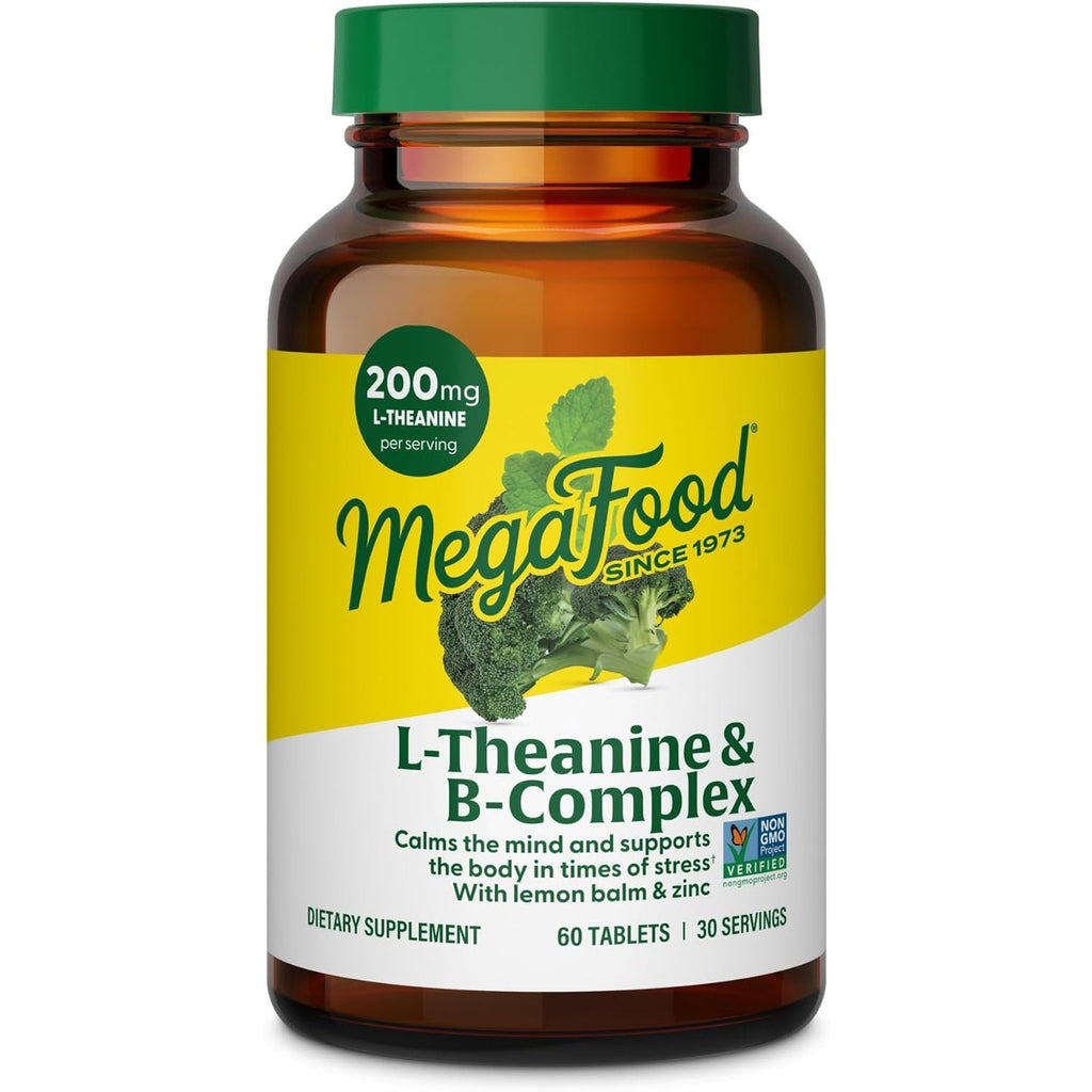 Megafood L-Theanine & Vitamin B Complex with Vegan B12, B6, Folate, Biotin & More - 200 Mg L Theanine Supplement - B Complex Vitamins for Women & Men - plus Lemon Balm & Zinc - 60 Tablets, 30 Servings
