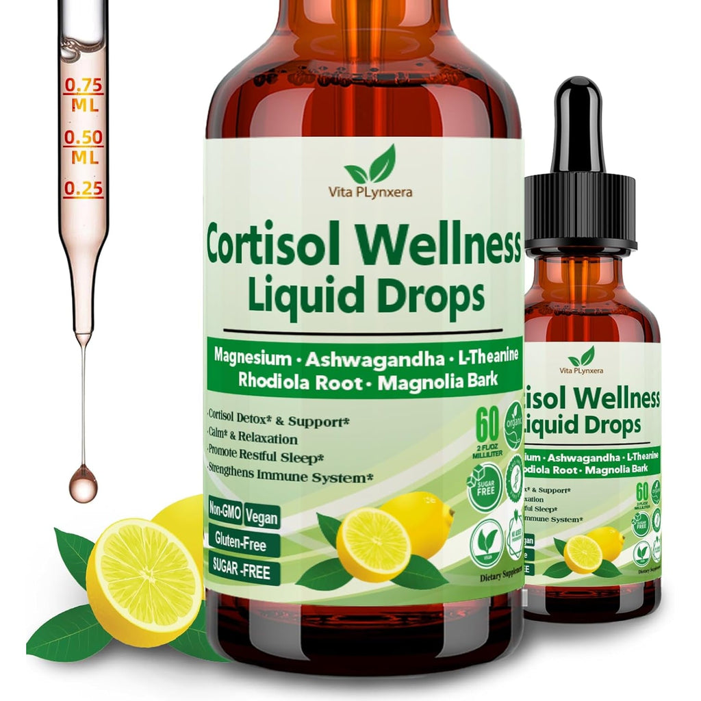 Vita Plynxera Cortisol Supplement Liquid Drops, 17-In-1 Cortisol Detox W. Magnesium Glycinate 400Mg Ashwagandha, L-Theanine, Phosphatidylserine, Hormone Balanced for Women, Mood Focus, Sleep Support
