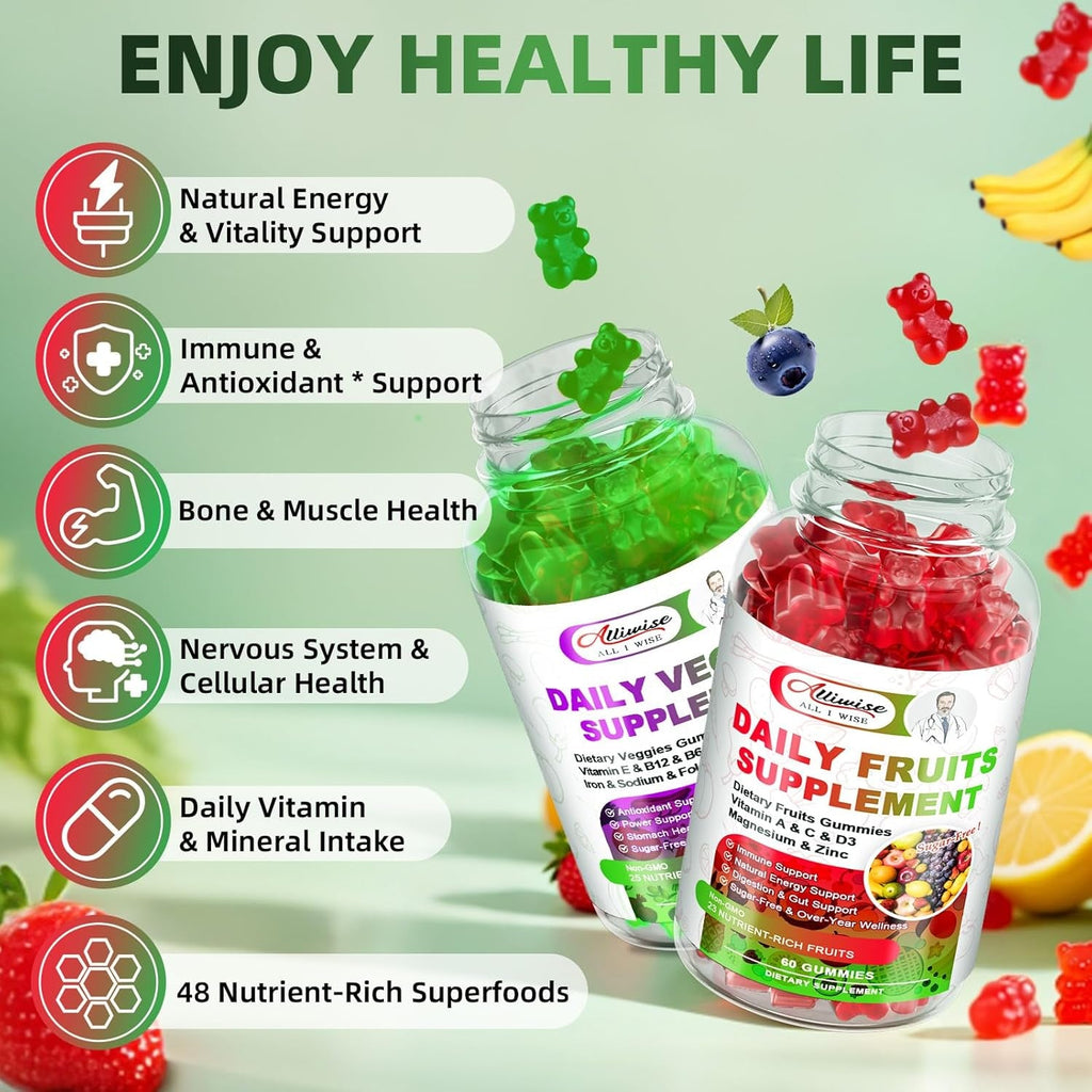 Sugar-Free Fruits & Veggies Gummies, Super Greens with 23 Fruits & 25 Veggies, Multivitamin Minerals & Fiber, Vegan Fruit & Vegetable Supplement for Adults, 120 Gummies, 2 Month Supply