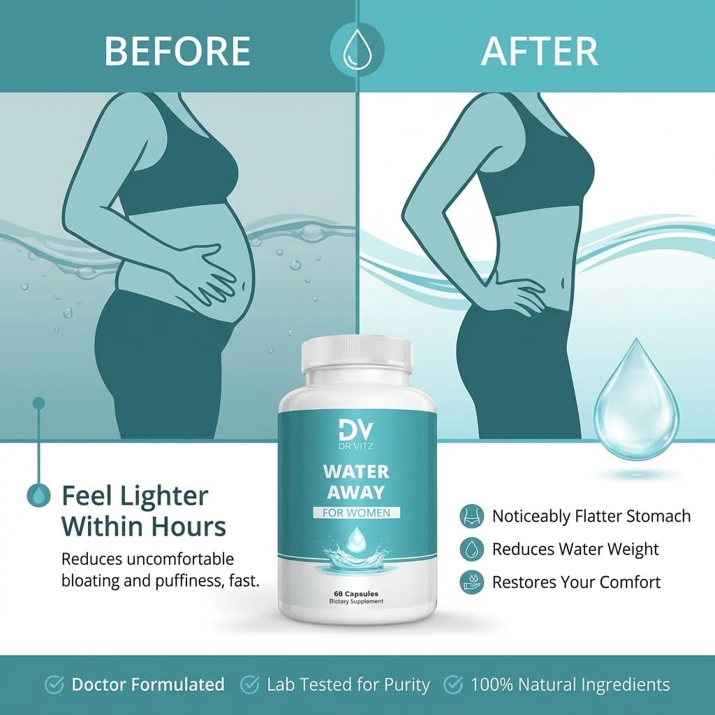 Water Away for Women – Diuretic Water Pills for Weight Control & Debloating – Natural Bloat Relief with Green Tea, Cranberry & Dandelion – Water Retention Support – 60 Capsules