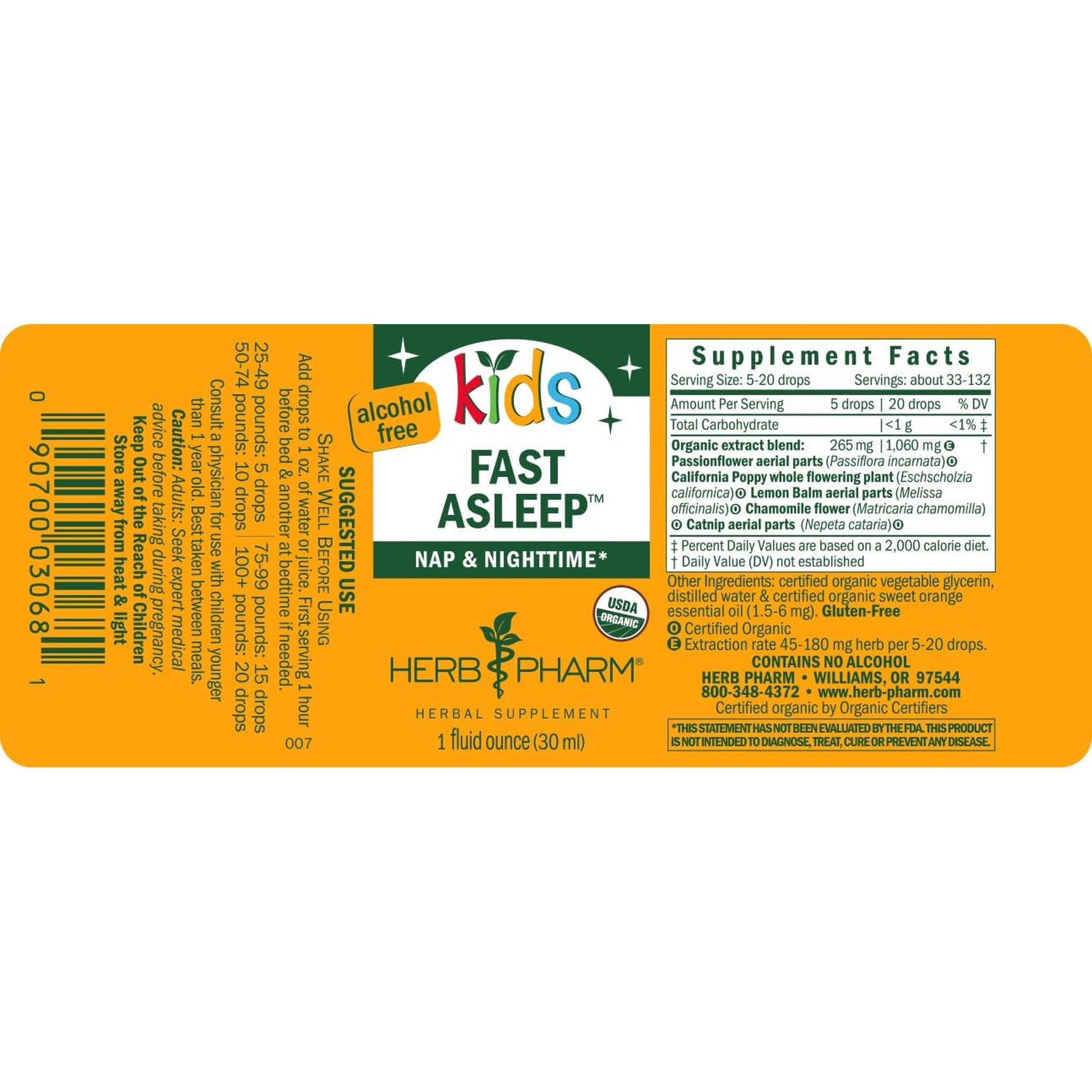Herb Pharm Kids Fast Asleep™: Sleep Support Herbal Extract, Sugar-Free, Alcohol-Free, Herbal Supplement for Kids, Nap & Nighttime Support, Non-Bitter, up to ~132 Servings per Bottle, 1 Oz*