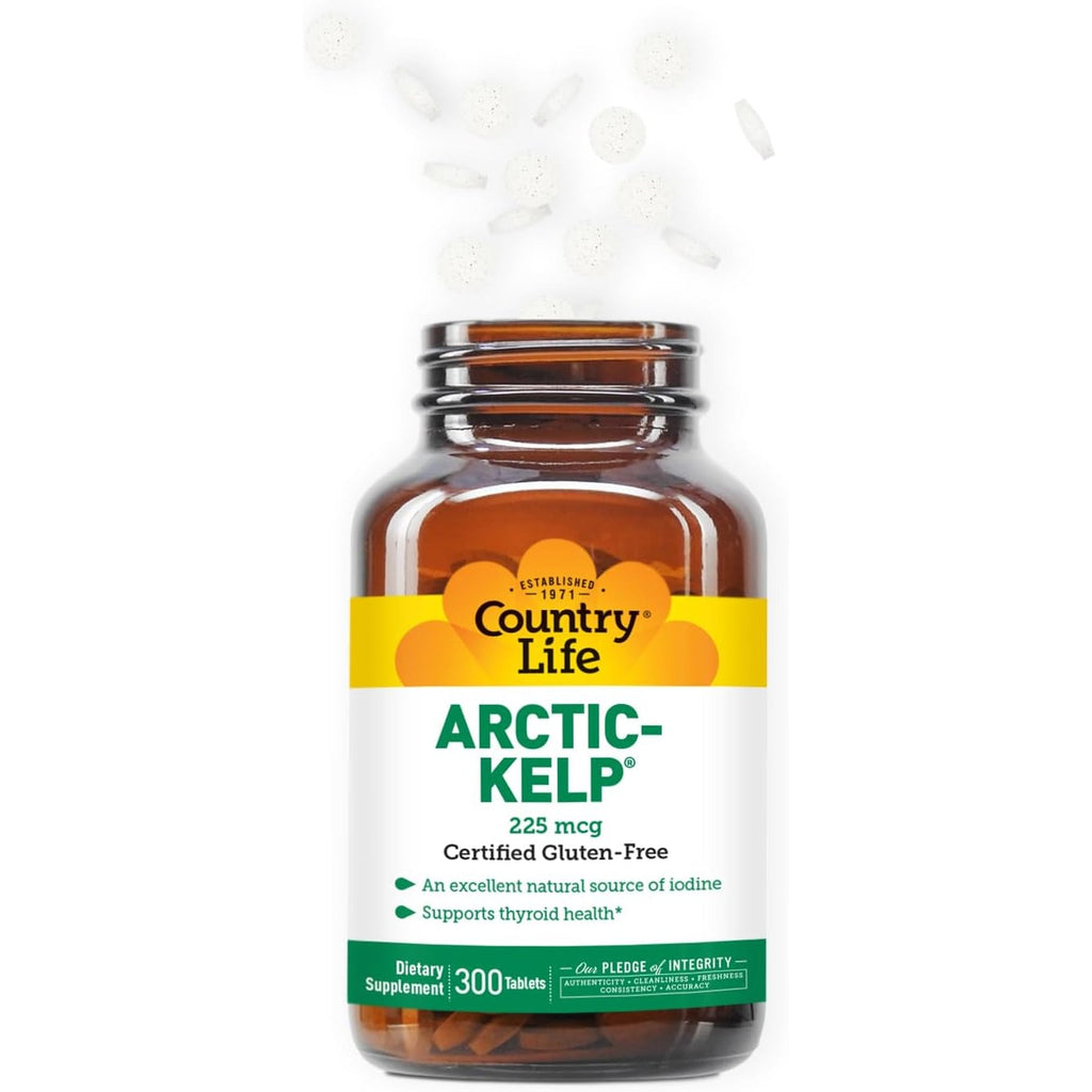 Country Life Arctic-Kelp – Natural Iodine Supplement for Thyroid and Immune Support – Vegan, Gluten-Free, 225 Mcg – Ideal for Thyroid Health, Hypothyroidism, and Adrenal Support, 300 Tablets