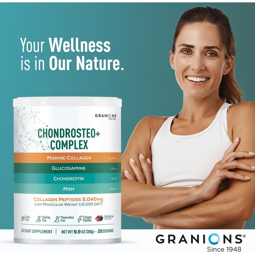 Granions Glucosamine Chondroitin MSM Powder 6,630Mg - Joint Supplements for Men and Women - Chondrosteo, Hydrolyzed Marine Collagen Peptides, Essential Vitamins Glucosamine Complex - Wild Berry 9.9Oz