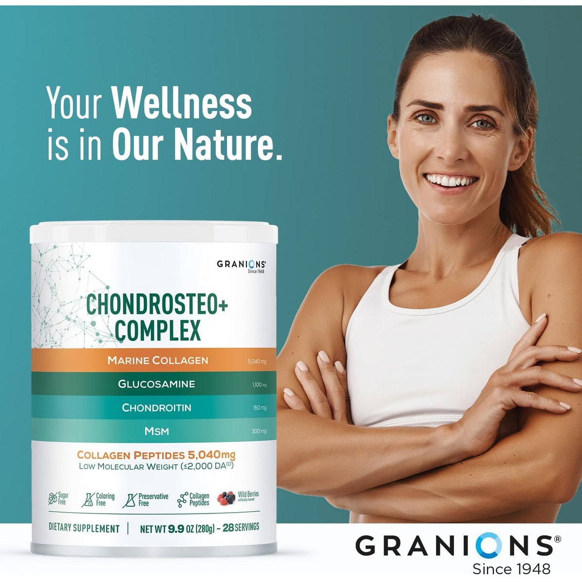 Granions Glucosamine Chondroitin MSM Powder 6,630Mg - Joint Supplements for Men and Women - Chondrosteo, Hydrolyzed Marine Collagen Peptides, Essential Vitamins Glucosamine Complex - Wild Berry 9.9Oz