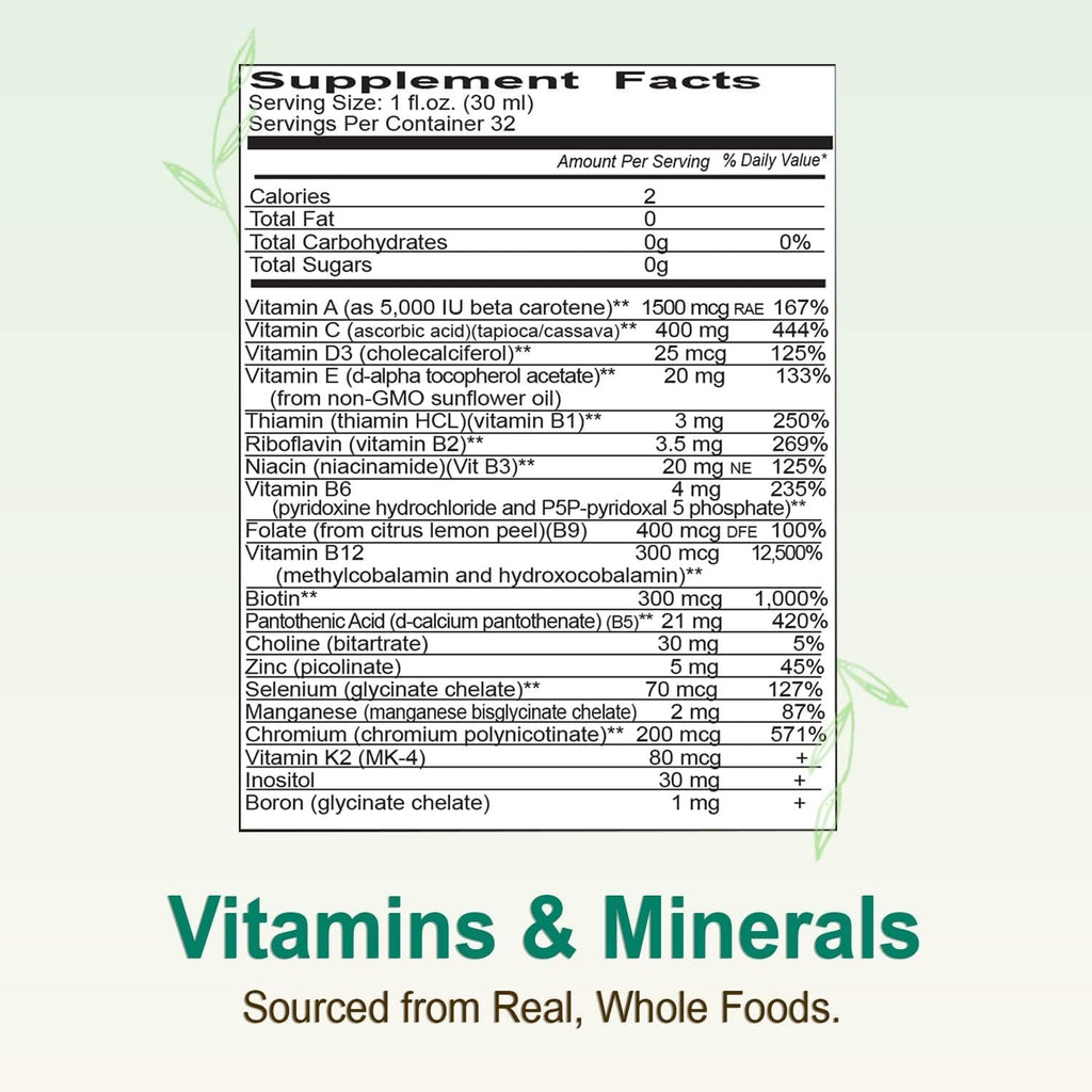 Vital Earth Minerals Super Multi – Liquid Multivitamins for Women, Men & Kids, Liquid Vitamins with Fulvic Acid for Better Absorption, MTHFR Support, 32 Oz + 1 Oz Cup