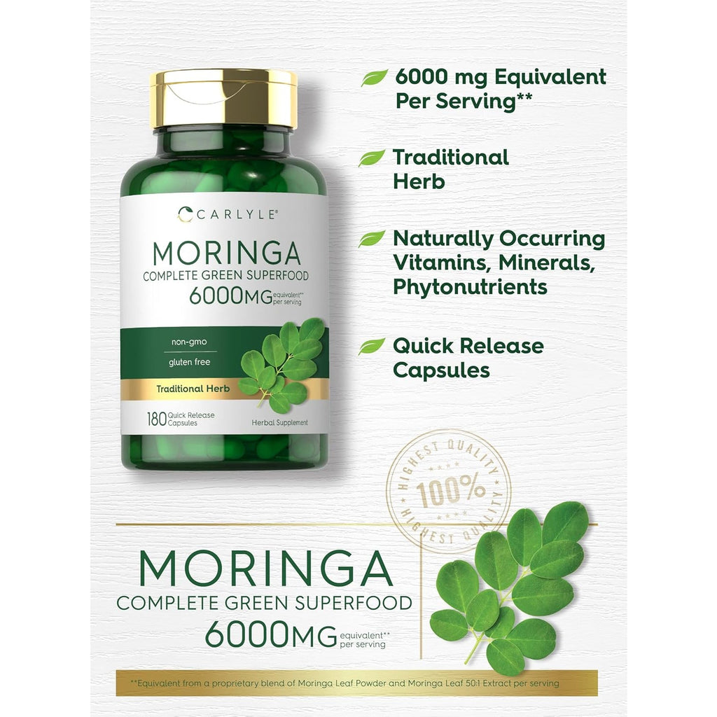 Carlyle Moringa Oleifera Supplement | 180 Capsules | Complete Green Superfood for Women and Men | from Moringa Leaf Powder | Non-Gmo and Gluten Free