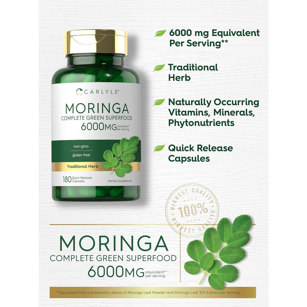 Carlyle Moringa Oleifera Supplement | 180 Capsules | Complete Green Superfood for Women and Men | from Moringa Leaf Powder | Non-Gmo and Gluten Free