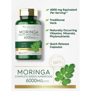 Carlyle Moringa Oleifera Supplement | 180 Capsules | Complete Green Superfood for Women and Men | from Moringa Leaf Powder | Non-Gmo and Gluten Free