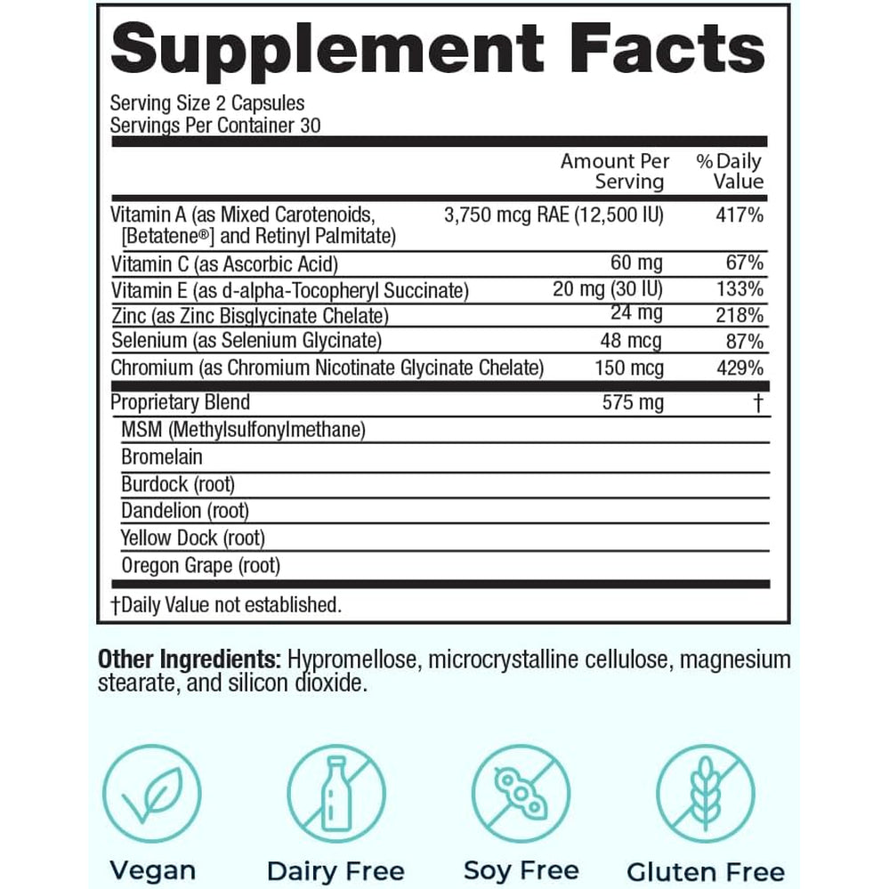 Vitamedica Clear Skin Vitamin Formula | Noncystic Acne Supplement for Skin Clearing | Clear Complexion for Women and Men | Vitamins A, C, E, Selenium, Chromium, and Zinc for Skin Health | 60 Count