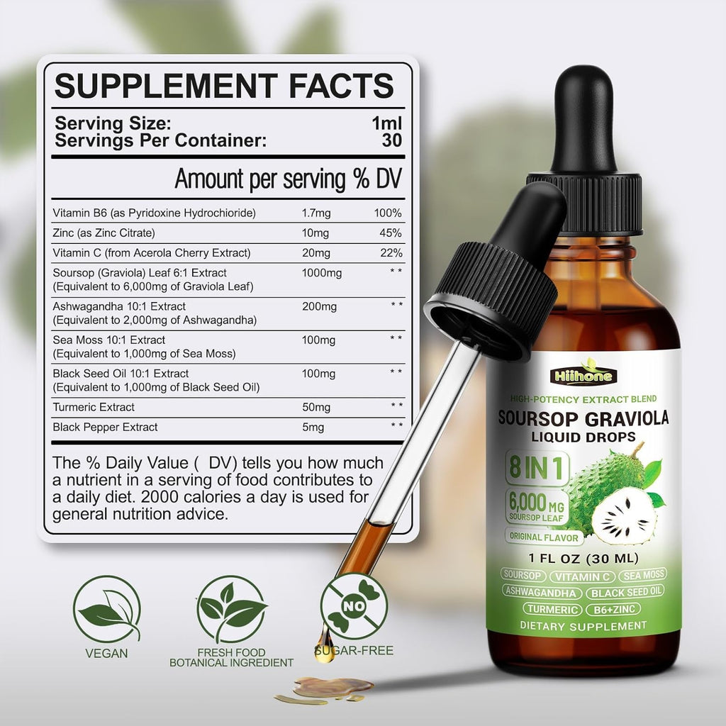(2 Pack) 8 in 1 Graviola Soursop Leaf Extract Liquid - Soursop Bitters Liquid with Sea Moss, Ashwagandha and Turmeric, for Immune & Liver, Zzz & Antioxidant & Cell Support,1 Fl Oz