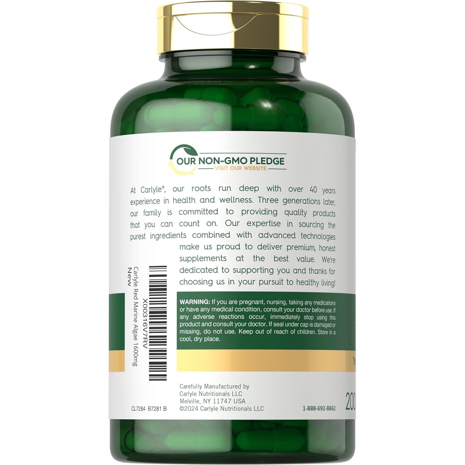 Carlyle Red Marine Algae 1600Mg | 200 Capsules | Vegetarian Supplement | Non-Gmo, Gluten Free