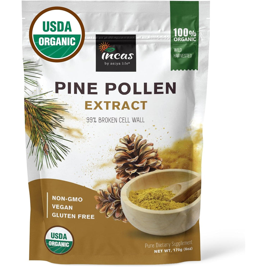 INCAS 100% USDA Organic Pine Pollen Powder (6 Ounces) Non GMO Verified 99% Cracked Cell Wall, Wild HARVESTED, Non-Irradiated, Boosts Energy & Immune Support, No Fillers or Additives