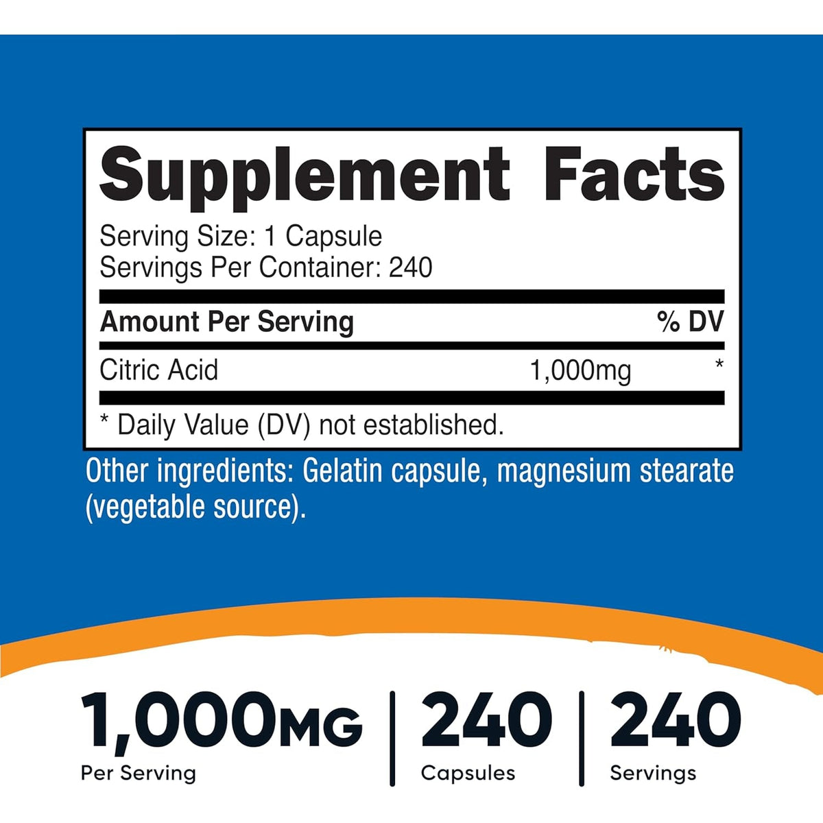 Nutricost Citric Acid 1000Mg (1 Gram), 240 Capsules - Gluten Free, Non-Gmo