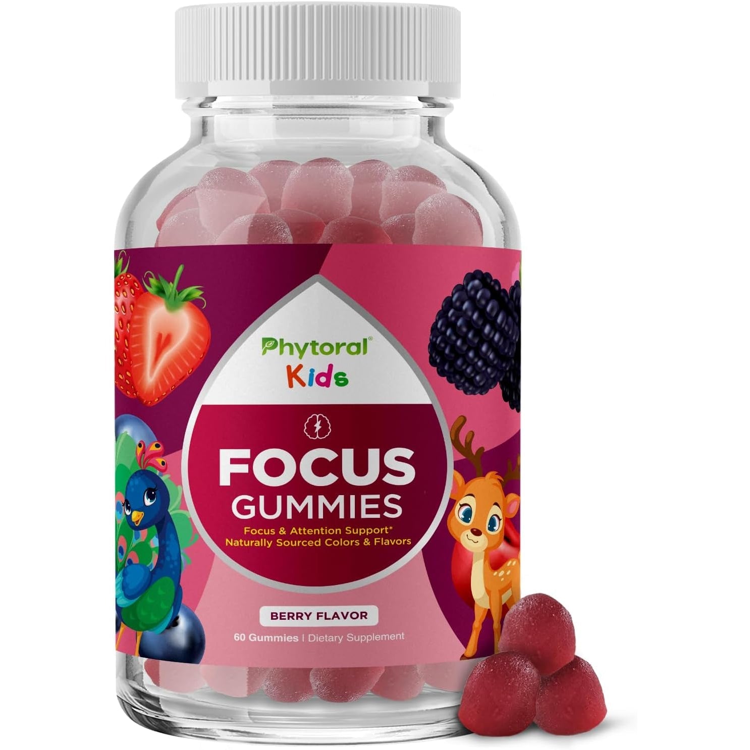 Phytoral Vegan Kids Focus Gummies - Potent Chewable Brain Support for Children - Enhances Concentration & Memory - Calming Supplements & Focus Gummies for Kids - Non-Gmo & Gluten-Free - 60 Count