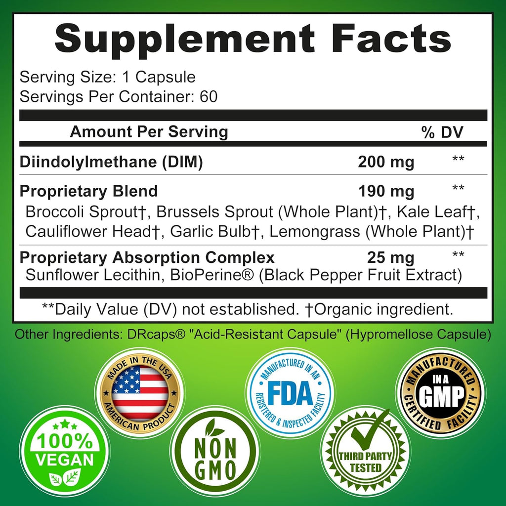 Optimal DIM 200Mg Supplement for Women and Men - Made with Organic Whole Foods - Estrogen & Hormone Balance Support Diindolylmethane Complex - Maximum Absorption Delayed-Release Capsules - 60 Count