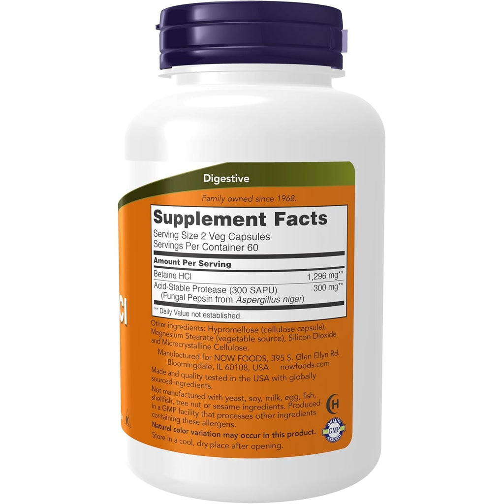 NOW Foods Supplements, Betaine Hcl 648 Mg, Vegetarian Formula, Digestive Support*, 120 Veg Capsules
