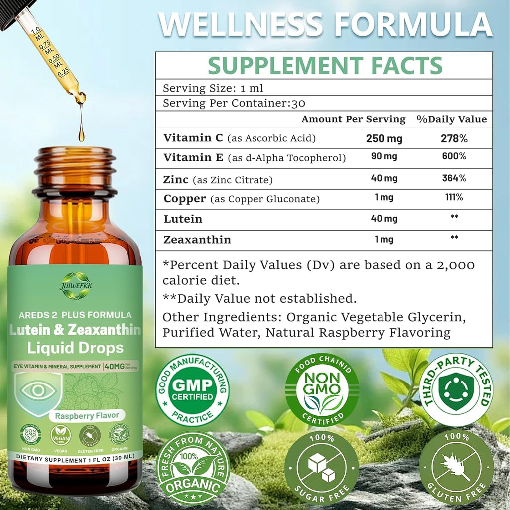 Lutein and Zeaxanthin Supplement Liquid Drops 40Mg AREDS 2 plus Eye Vitamin & Mineral Supplement with Vitamin C E Zinc Copper for Blue Light Protection Eye Health Support Non-Gmo, Gluten Free