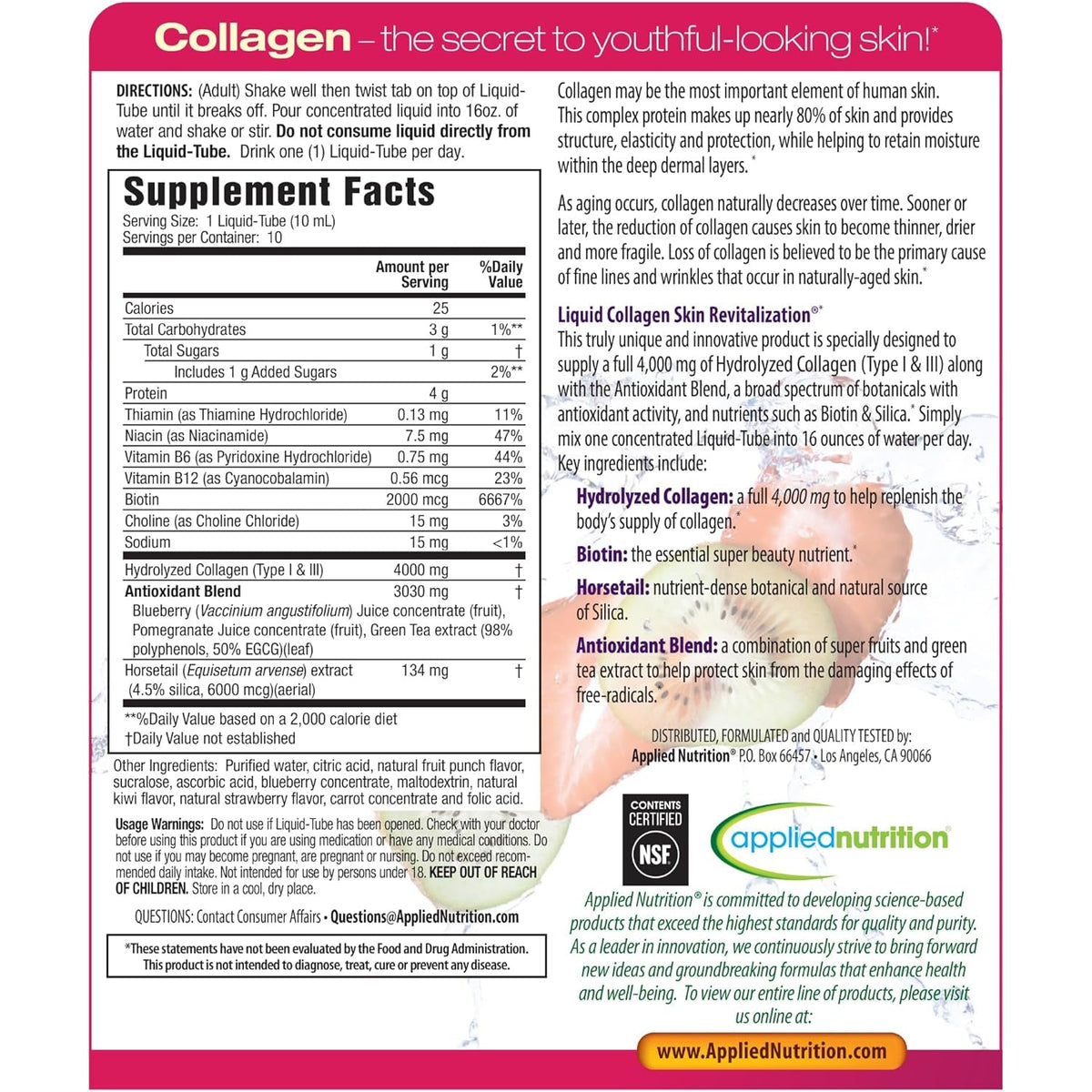 Applied Nutrition Liquid Collagen Skin Revitalization - 10 Liquid Tubes, Pack of 2 - Collagen, Biotin & Silica - Tropical Strawberry & Kiwi Flavor - 20 Servings