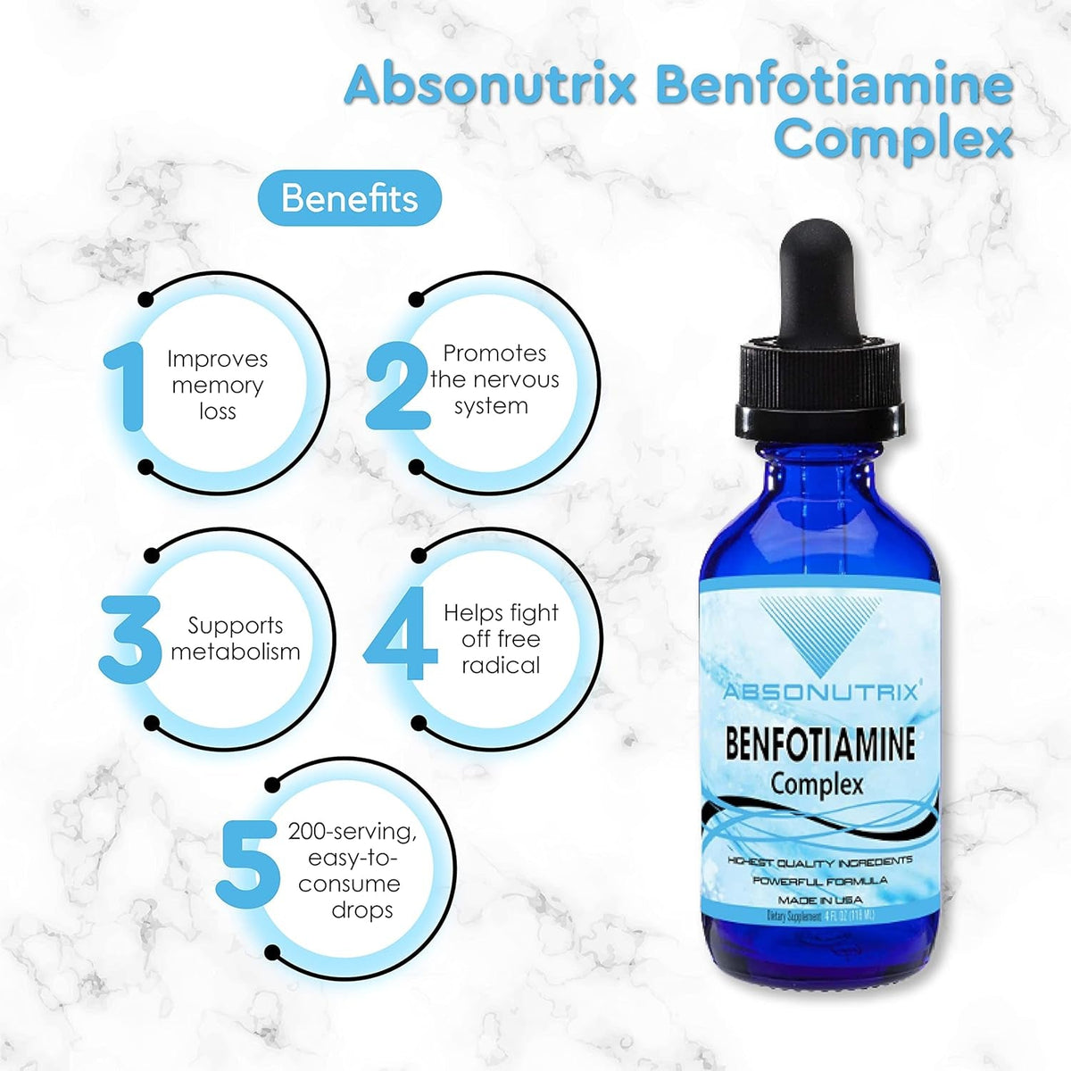 Benfotiamine Complex 300 Mg, 4 Fl Oz Bottle, 200 Servings, High Bioavailability, Potent Ingredients, Quick Absorption, Cruelty-Free, Non-Gmo, Third-Party Tested, Gmp-Certified, Made in USA