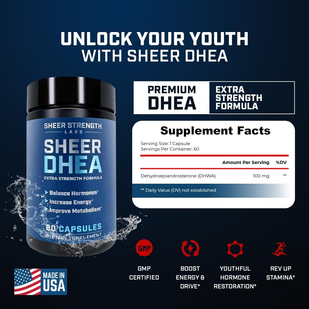 DHEA Supplement for Men DHEA 100Mg - Pure DHEA Supplement for Men for Strength and Hormone Balance - DHEA for Women and Men - High Purity Enhanced Absorption 60 SV USA