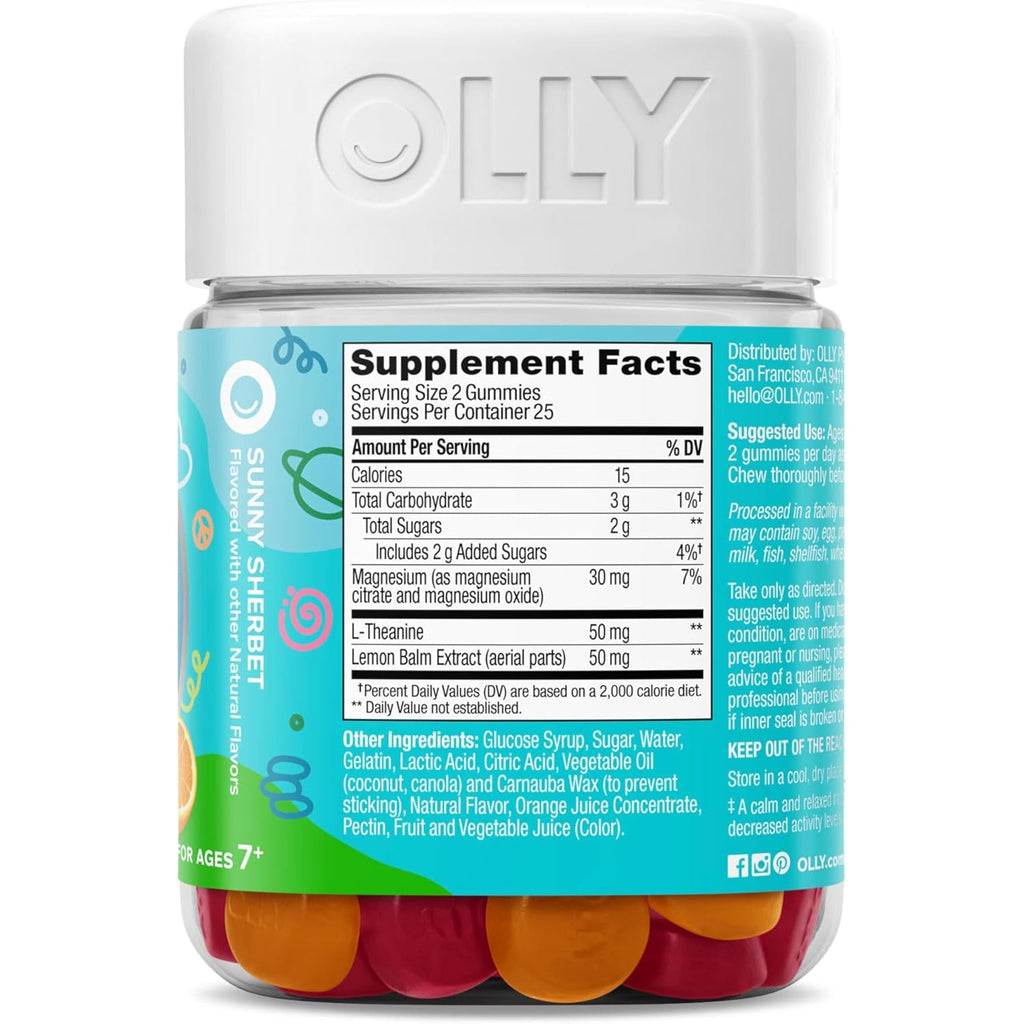 OLLY Kids Chillax Gummy, for a Calm and Relaxed Mood*, Magnesium, L-Theanine, Lemon Balm Extract, Chewable Supplement, Sherbet Flavored, 25 Day Supply - 50 Count (Packaging May Vary)