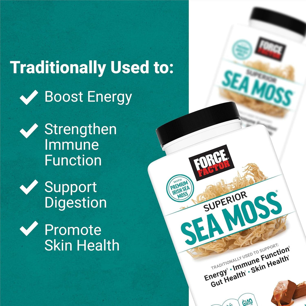 Force Factor Superior Sea Moss, Premium Irish Sea Moss to Support Energy, Immune Function, Gut Health, & Skin Health, Non-Gmo, Gluten Free, Salted Caramel Flavor, 60 Soft Chews
