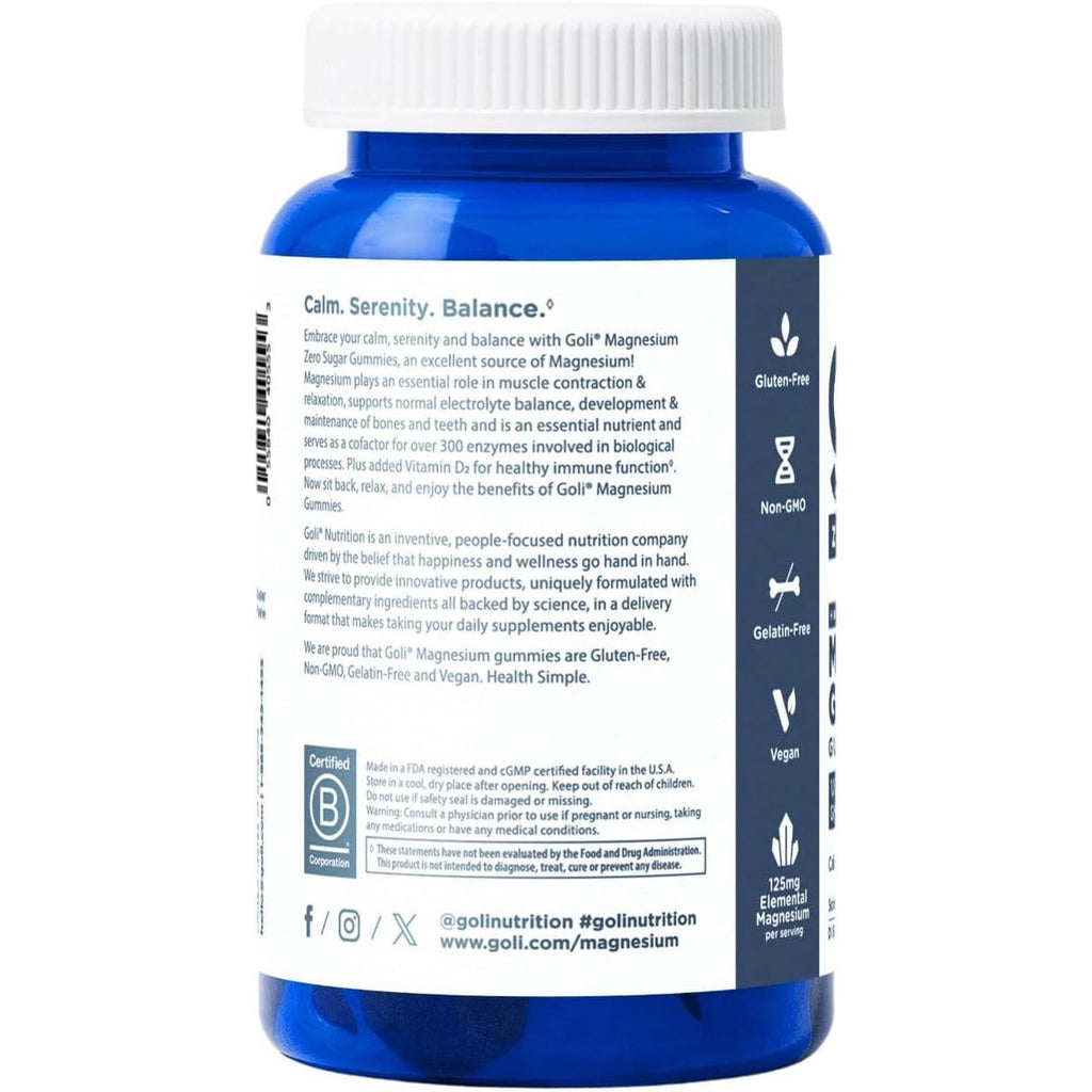 Goli Zero Sugar Magnesium Gummies - 125Mg Magnesium Citrate with Vitamin D - No Artificial Sweeteners, No Sugar Alcohols - Vegan, Keto-Friendly, Gluten-Free