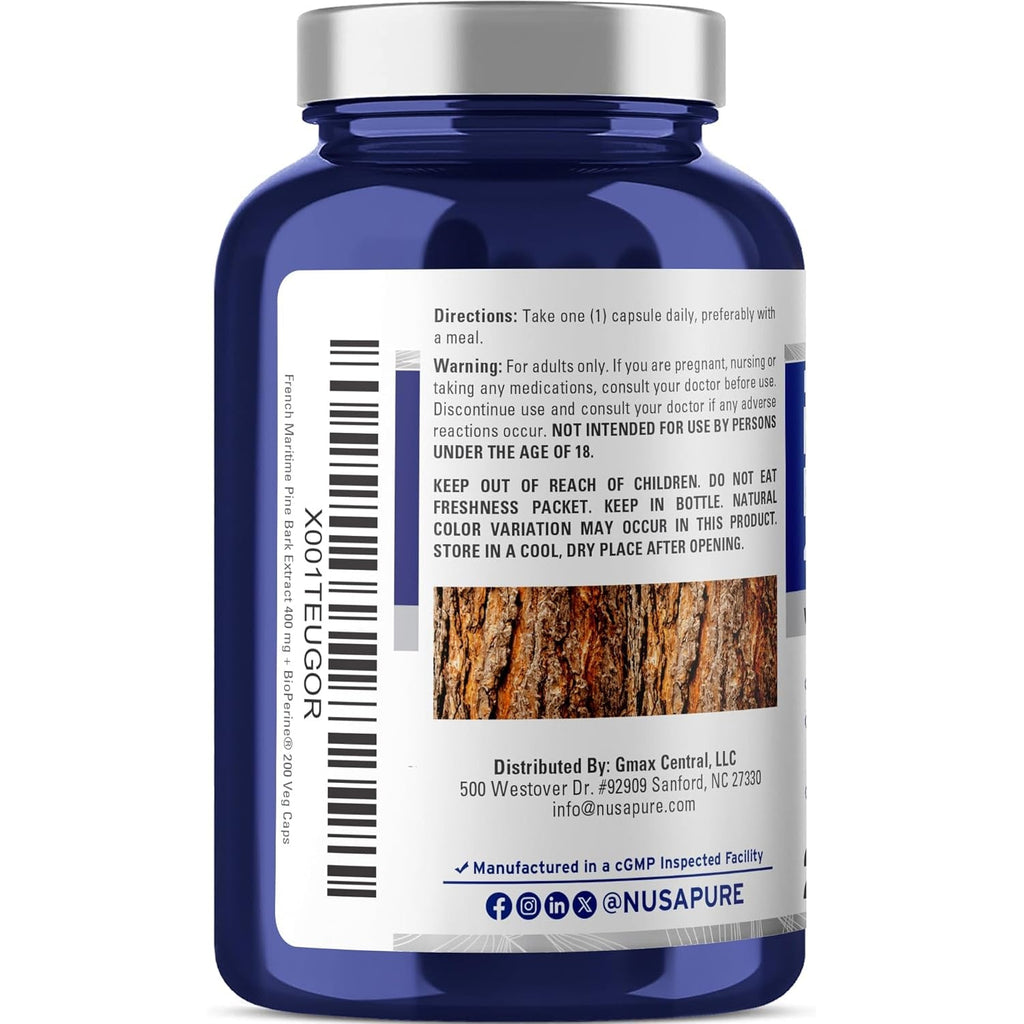 Nusapure French Maritime Pine Bark Extract 400Mg per Veggie Caps 200-Day Supply Bioperine Non-Gmo Vegan