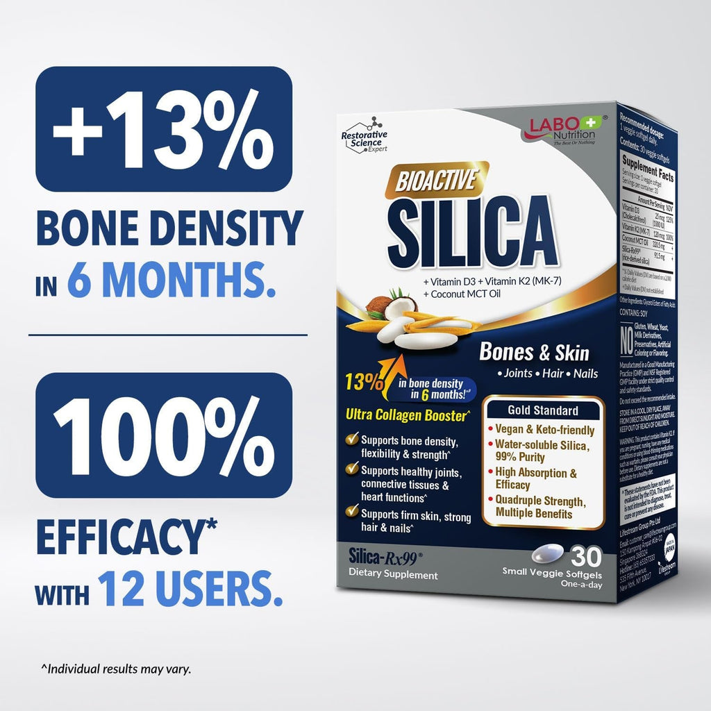 LABO Nutrition Bioactive Silica | Vegan Support for Strong Joint, Bones & Healthy Collagen Production, Glowing Skin, Strong Hair & Nails | 99% Purity Rice-Derived Silica Supplement, 30 Vegan Softgel