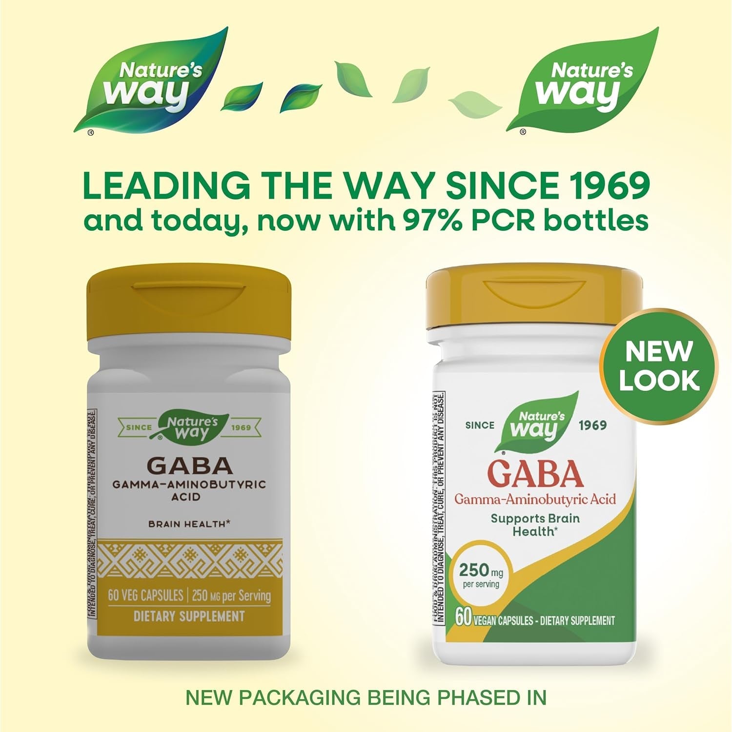 Nature'S Way GABA, Gamma-Aminobutyric Acid, Supports Brain Health*, 250 Mg per Serving, 60 Vegan Capsules (Packaging May Vary)