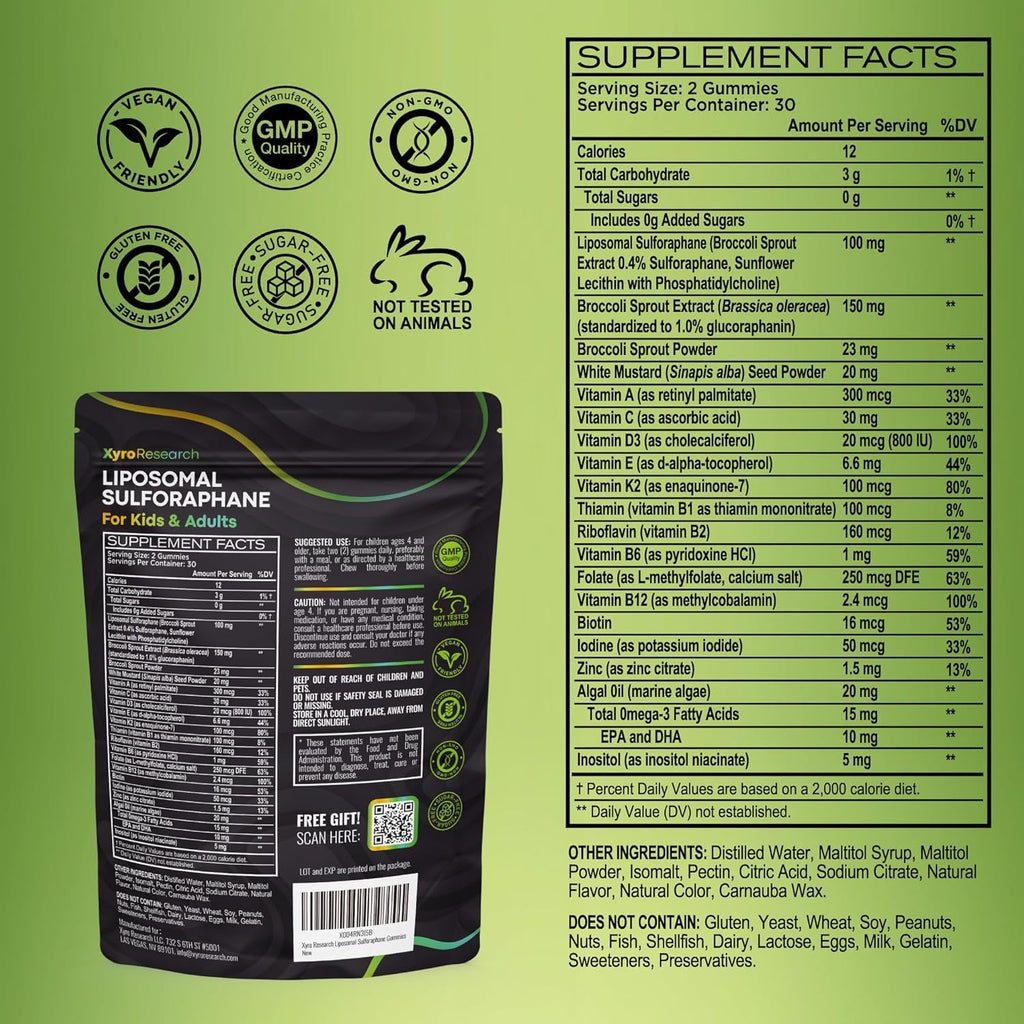 Liposomal Sulforaphane Gummies - 150Mg Broccoli Sprout Extract with Vitamins Supplement for Kids Adults - Antioxidant Cellular Health & Liver Detox Support - Non-Gmo Vegan Sugar-Free