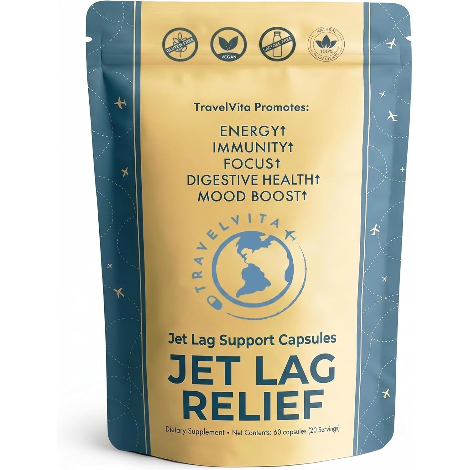 Natural Travel Pills - Traveling Supplement for Jet Lag Relief, Digestion, Immunity, Energy, Sleep, Circulation - Vacation and Long Flight Essentials for Men and Women - 30 Day Supply