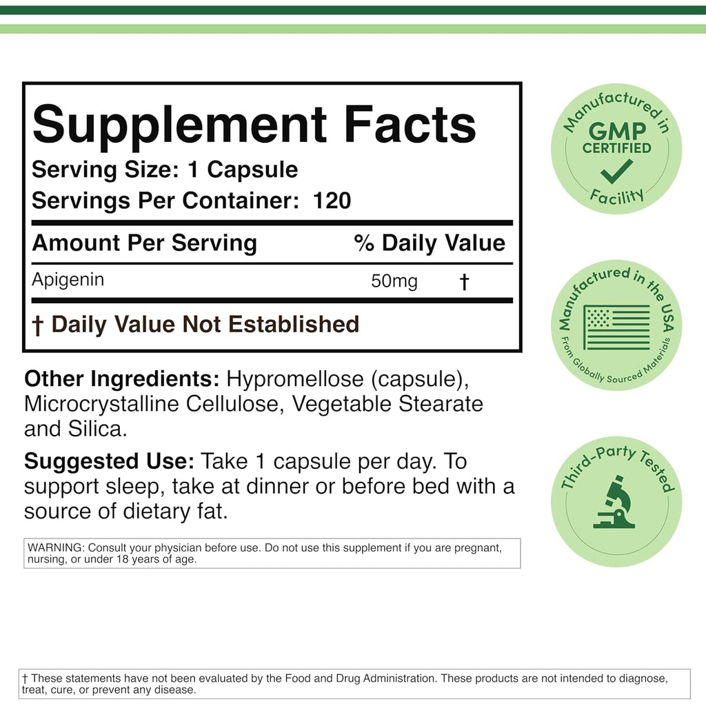 Apigenin Supplement - 50Mg per Capsule, 120 Count (Powerful Bioflavonoid Found in Chamomile Tea for Relaxation, Sleep, and Mood) Senolytic Flavonols for Aging (Gluten Free) by Double Wood