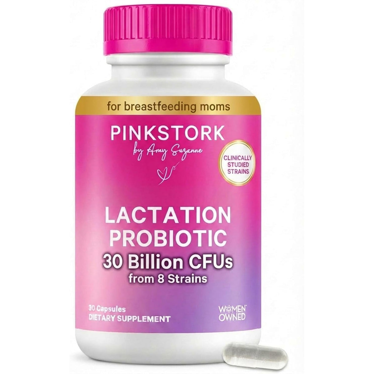 Pink Stork Lactation Probiotic - 30 Billion Cfus Multi Strain Postnatal Probiotics for Breastfeeding Women - Support Breast Milk & Gut Health, Postpartum Essentials, 30 Capsules