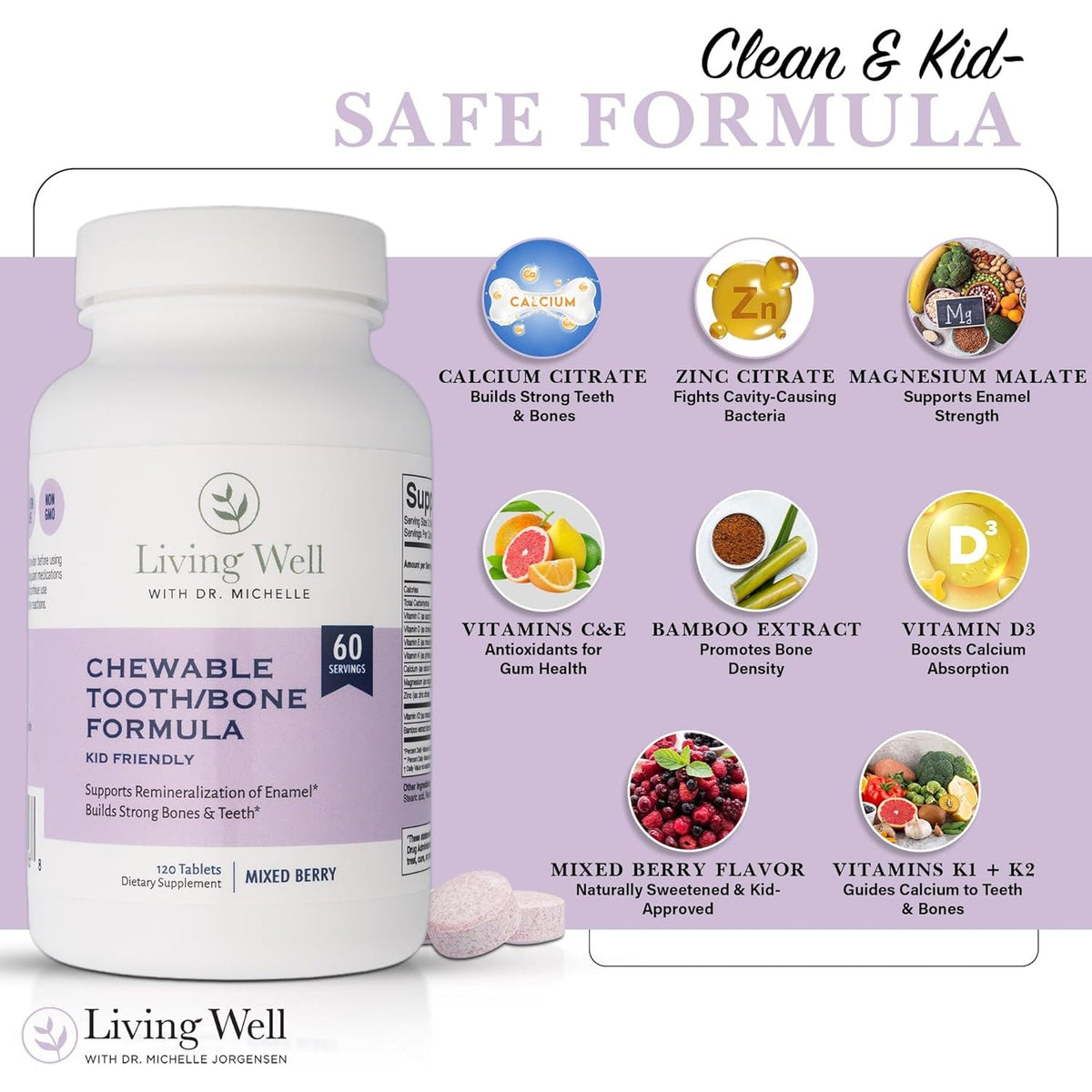 Living Well Kids Calcium & Tooth Support – Chewable Bone Health Vitamins with D3 + K2, Magnesium & Zinc – Strong Teeth & Enamel Defense – Berry Flavor – Fluoride-Free, Non-Gmo