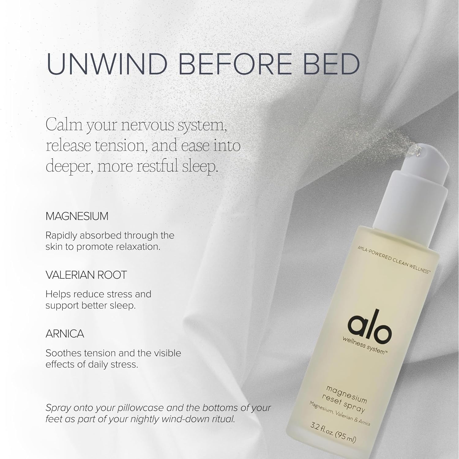 ALO Magnesium Oil Spray | Sleep & Relaxation + Muscle Recovery | Fast-Absorbing Magnesium with Valerian Root, Arnica & Essential Oils | Non-Sticky Body & Pillow Mist | 3.2 Oz