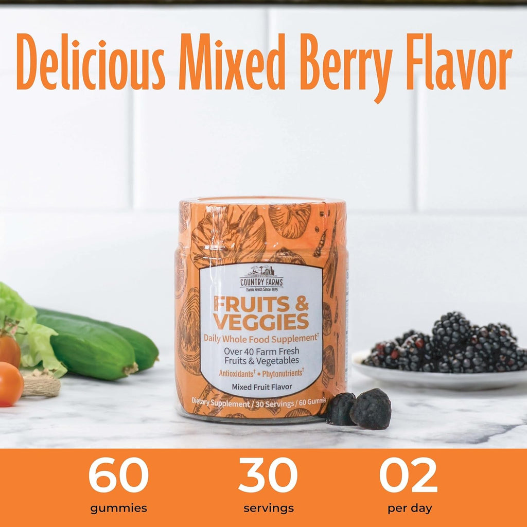 COUNTRY FARMS Fruits and Veggies Gummies, with over 40 Farm Fresh Fruits & Vegetables, Packed with Powerful Antioxidants, (Spirulina, Blueberry, Mushrooms), Daily Whole Food Supplement, Pectin Based,