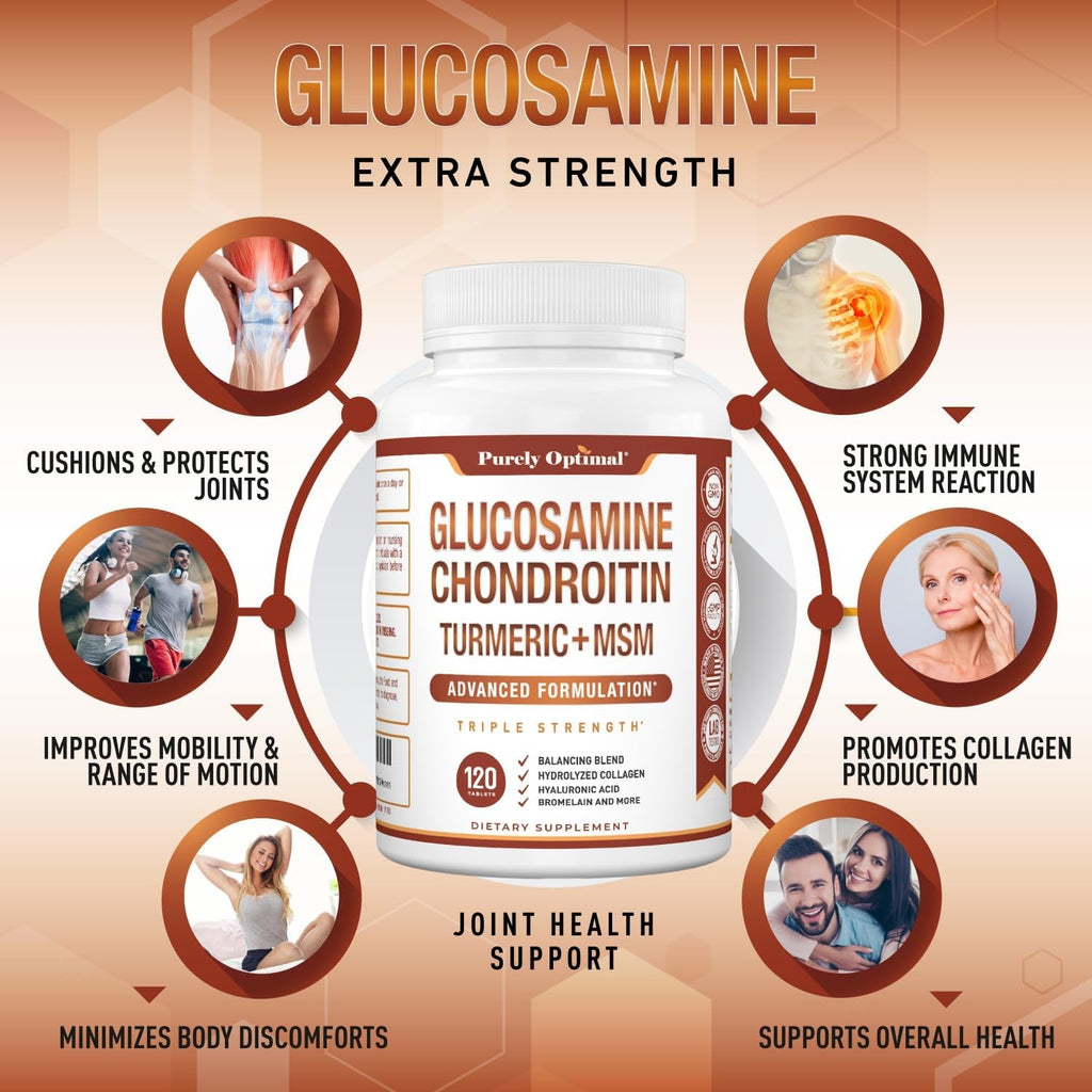 Purely Optimal Glucosamine Chondroitin MSM Supplement W/Turmeric & Boswellia - Glucosamine Sulfate Joint Supplement for Men & Women - 120 Tablets
