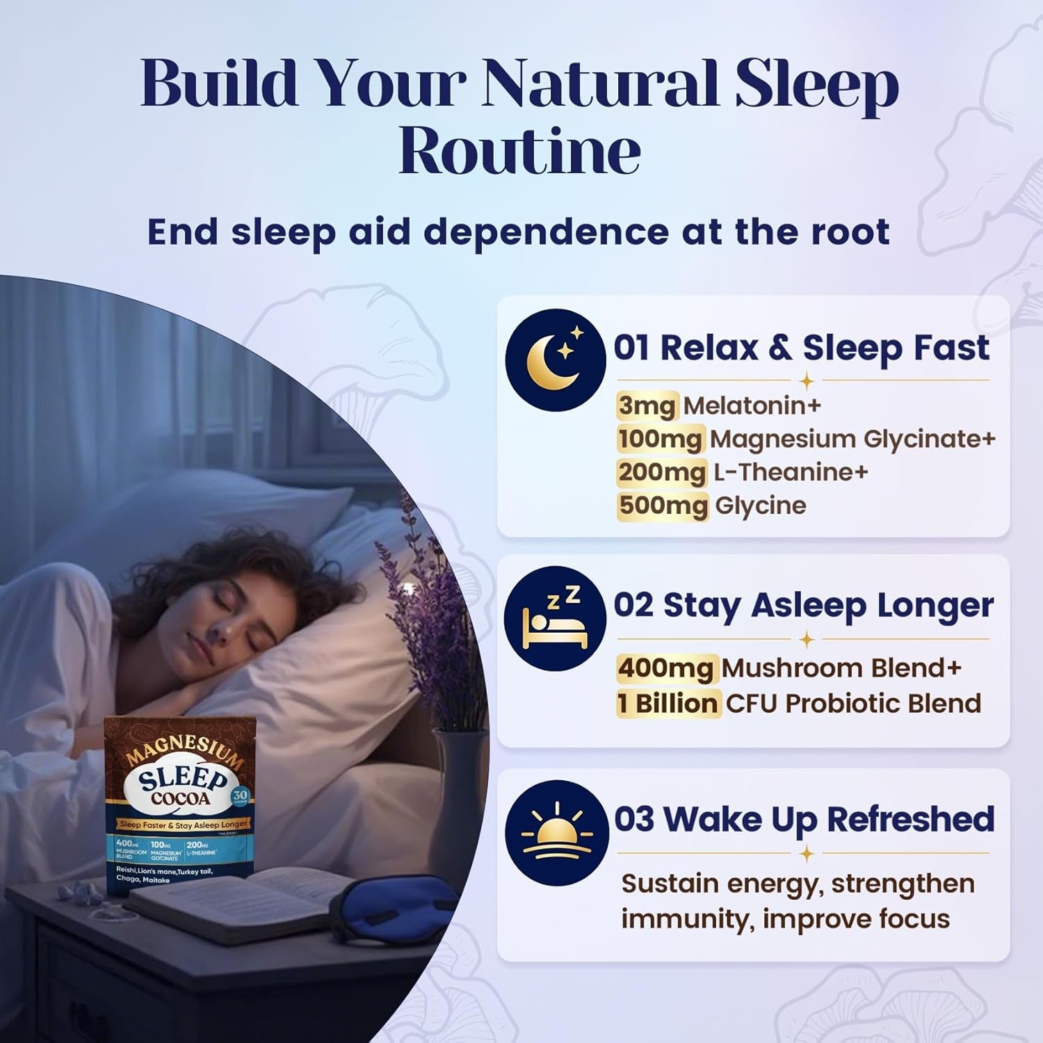 Mushroom Hot Cocoa Powder with Magnesium Glycinate, Natural Sleep Aid with Reishi & L-Theanine for Adults, 12 Superfoods, Melatonin 3Mg, Unsweetened Hot Chocolate Drink Mix for Sleep, 30 Servings