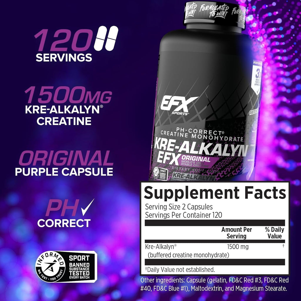 EFX Sports Kre-Alkalyn EFX | Ph Correct Creatine Monohydrate Pill Supplement | Strength, Muscle Growth & Performance | 120 Servings, 240 Capsules