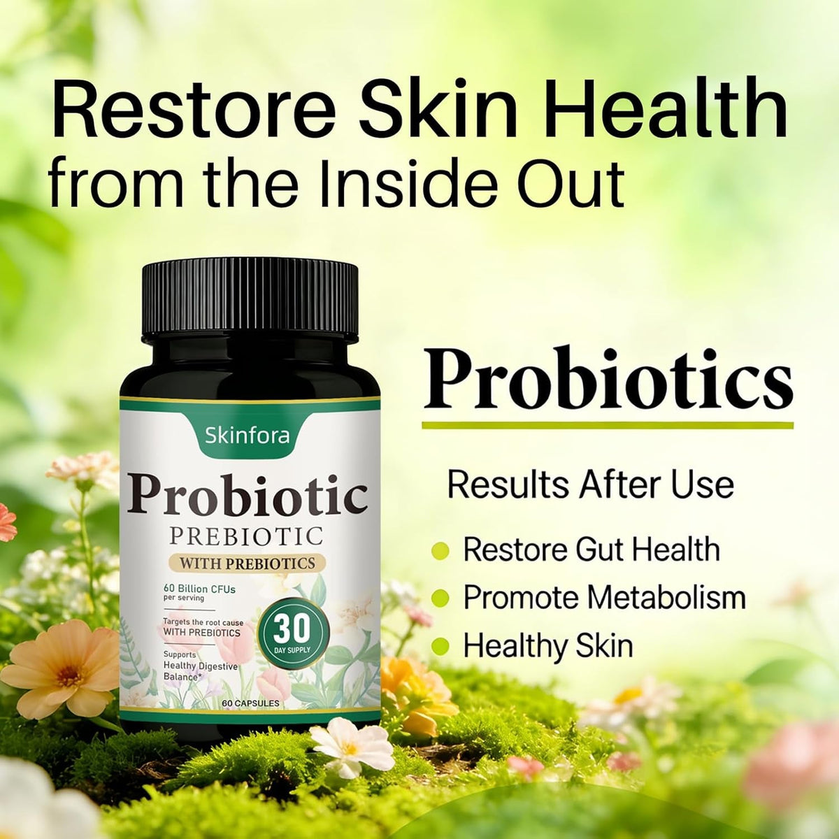 Probiotic Supplement for Skin & Gut Support, Daily Wellness Formula, Non-Gmo, Vegan, 60 Capsules