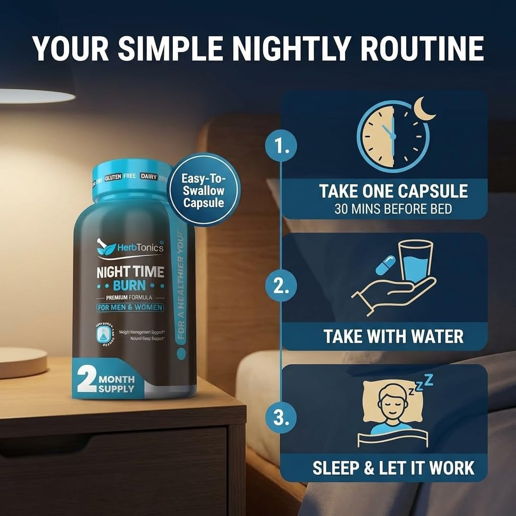 Herbtonics Night Time Burn & Sleep Complex Supports Overnight Metabolism, Stress Relief & Deep Sleep. Includes Melatonin, Valerian and Green Tea – Vegan Bedtime Weight Management (60 Capsules)