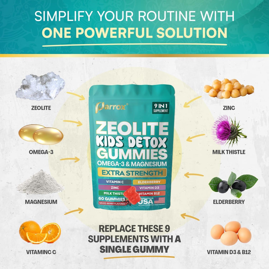 Zeolite Kids Gummies, 9-In-1 with Zeolite, Omega-3, Magnesium, Elderberry, Vitamin C, Milk Thistle, Vitamin D3, Zinc, B12 – Sugar-Free (60 Gummies – Mixed Berry Flavor)