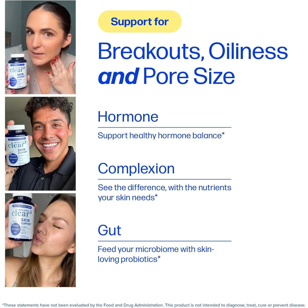 Clear Skin Supplement with Zinc, DIM & Probiotics | 3-In-1 Hormone, Gut & Complexion Support | Triple Action Hyaluronic Acid, Niaciminide & Vitamins for Skin Balance, Glow & Health Support | 60 Ct