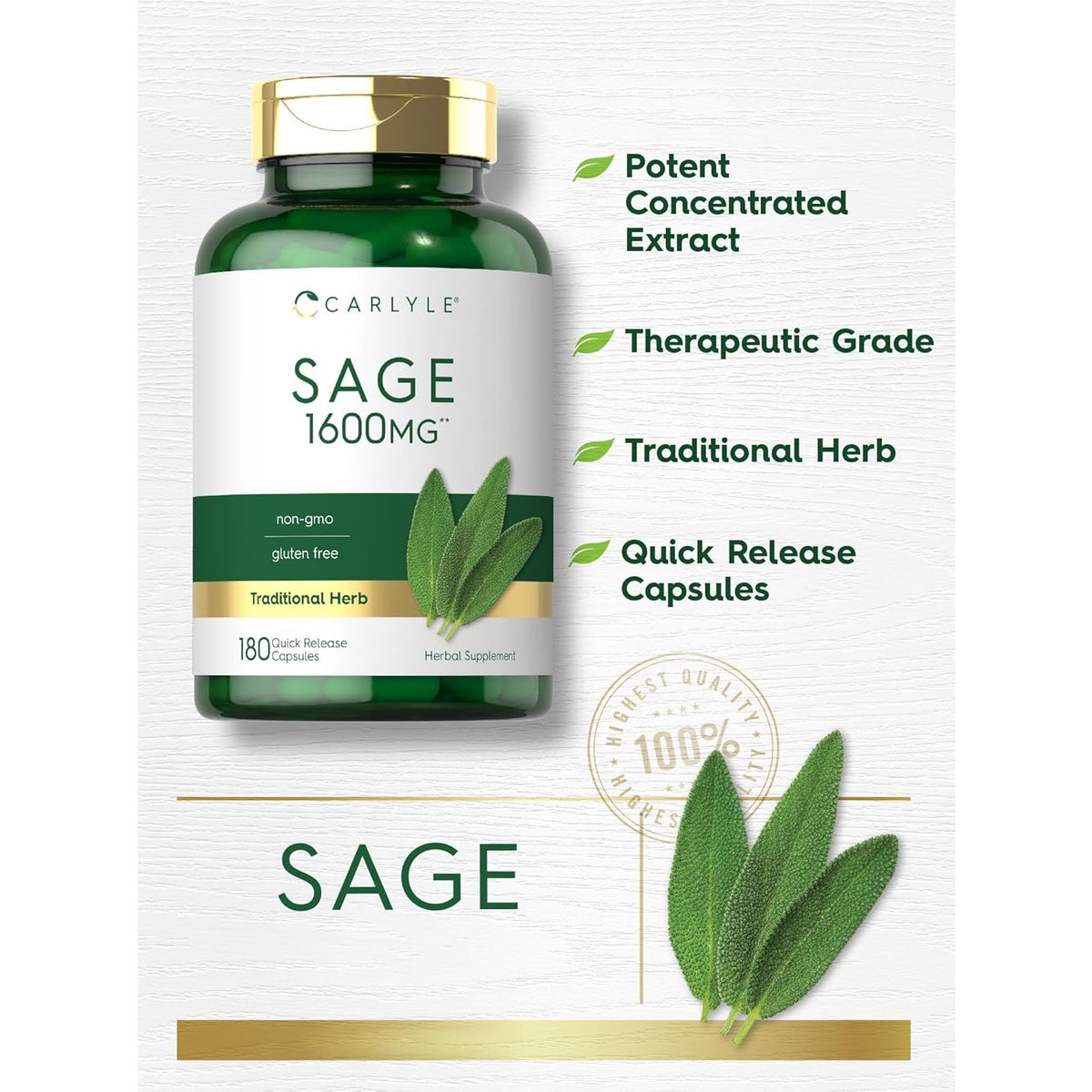 Carlyle Sage Supplement | 180 Capsules | High Potency | Non-Gmo, Gluten Free