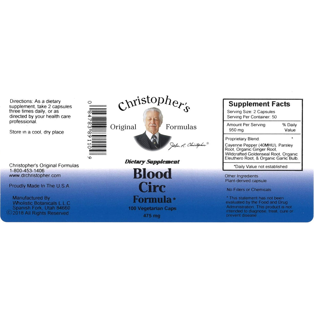 Christopher'S Original Formulas Blood Circ Formula Capsules, Herbal Supplement for Cardiovascular & Circulatory Wellness, 100 Capsules