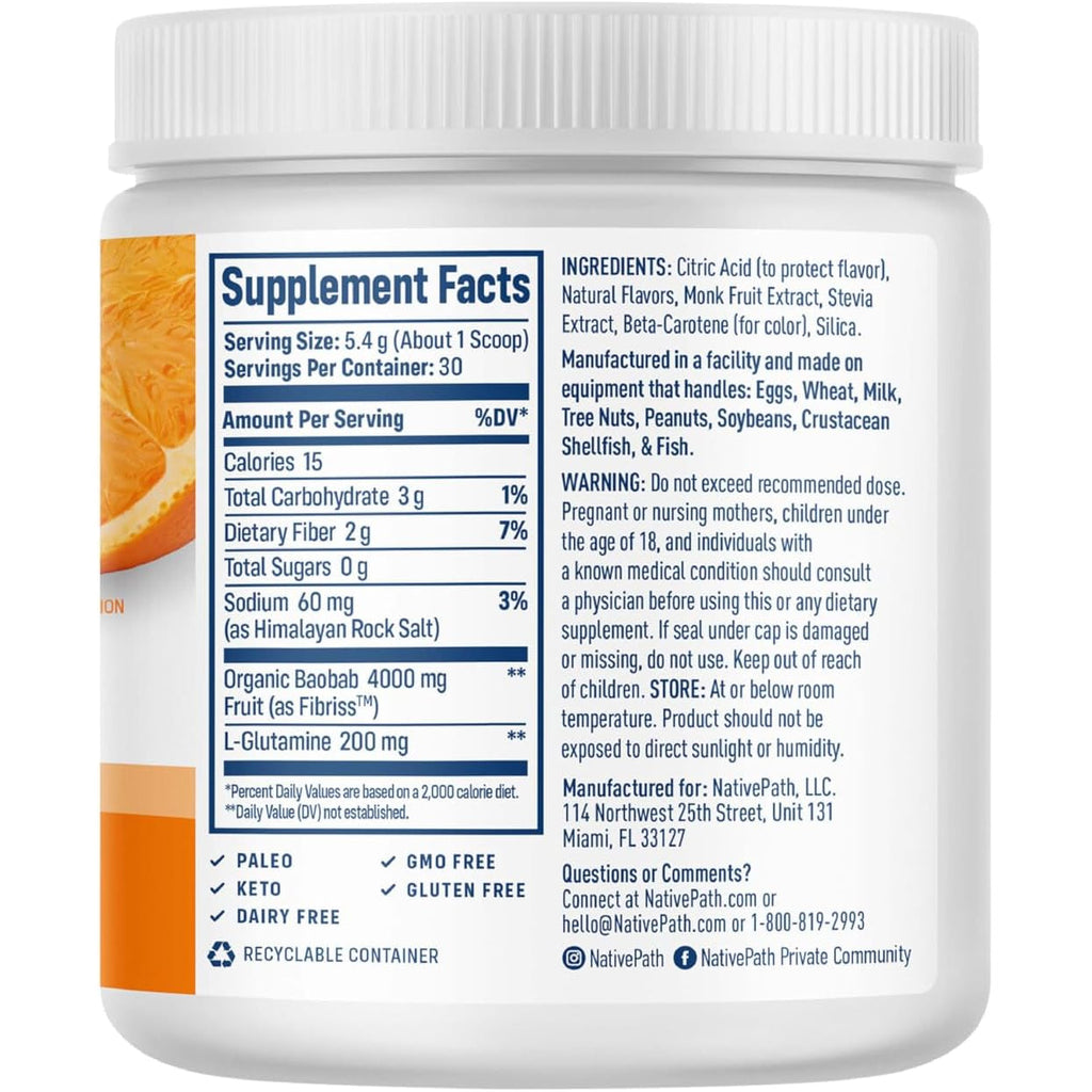 Nativepath Organic Baobab Prebiotic Fiber Powder - Digestive Health Supplement - Natural Orange Flavor, 30 Servings