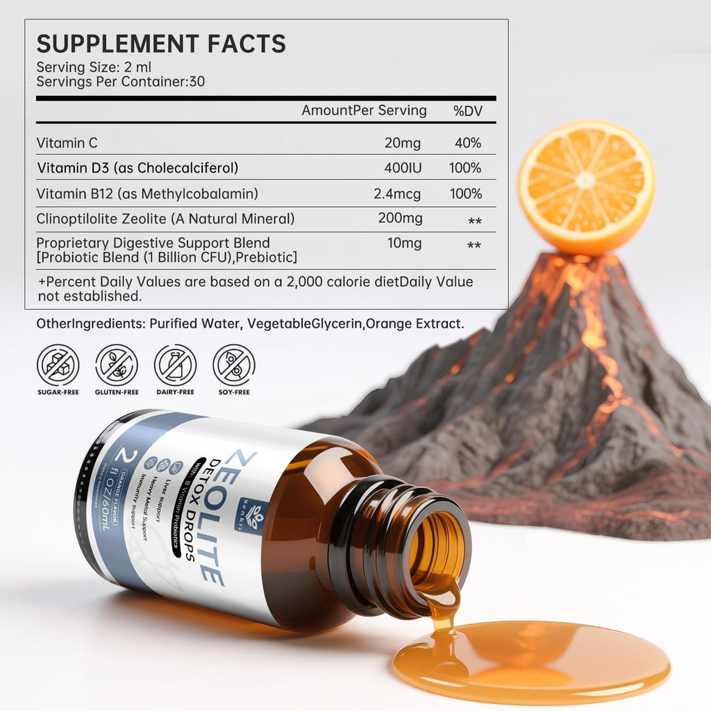 Zeolite Drops for Adults and Kids – 99%+ Pure Natural Zeolite Clinoptilolite, with Vitamin B, Probiotic Blend, Vegan, Non-Gmo - Supports Immune Health, Supplement Energy and Attention - 2 Fl Oz